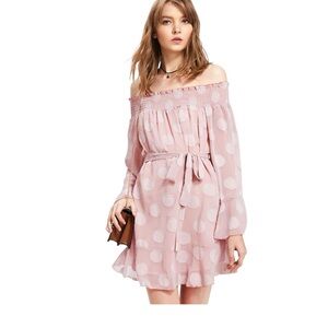 NWT Goodnight Macaroon Pink Lined Off The Shoulder Dress Size Medium Polka Dots